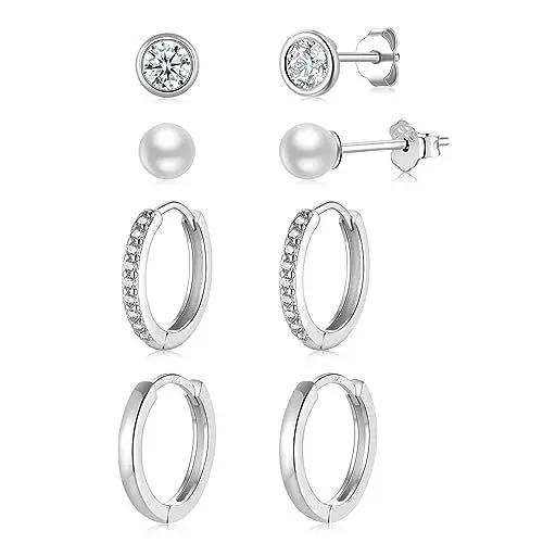 Produktbild: 4 Paar Ohrstecker Creolen Silber 925 Klein für Damen, AAA+ Zirkonia Perlen Ohrstecker Ohrringe Gold Set, Knorpel Huggie 14K Vergoldete Goldene Ohrringe für Mädchen Frauen