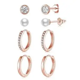 Produktbild: 4 Paar Ohrstecker Creolen Silber 925 Rosegold Klein für Damen, AAA+ Zirkonia Perlen Ohrstecker Ohrringe Gold Set, Knorpel 14K Vergoldete Goldene Ohrringe für Mädchen Frauen