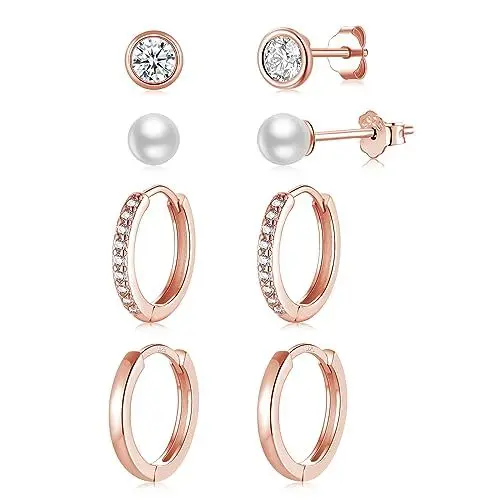 Produktbild: 4 Paar Ohrstecker Creolen Silber 925 Rosegold Klein für Damen, AAA+ Zirkonia Perlen Ohrstecker Ohrringe Gold Set, Knorpel 14K Vergoldete Goldene Ohrringe für Mädchen Frauen