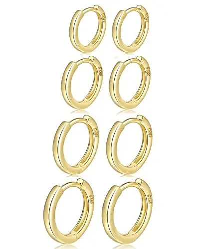 Produktbild: 4 Paar kleine Creolen für Damen 925 Silber Post Huggie Creolen Set 18 Karat Gold/Silber Creolen Schläfer Ohrringe für Mädchen Mehrere Piercings Kleine Kugelohrstecker