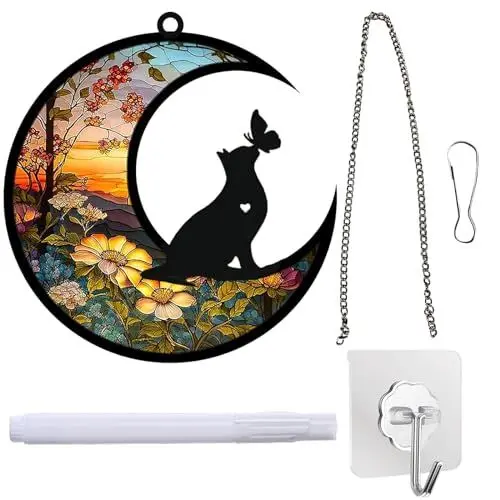 Produktbild: 4 Packung Sonnenfänger Katze Weihnachten Fenster Deko Hängen Hängedeko Outdoor Hänge Deko Wohnzimmer Fenster Geeignet für Wand Wohnzimmer Glastüren und Katze Verlorene Dekoration (Katze)