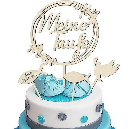 Produktbild: 4 Pcs Cake Topper Taufe Holz, Tortendeko Taufe für Junge Mädchen Meine Taufe Torten Topper Taube Fisch Kuchen Deko für Babyparty, Babydusche Taufe Deko