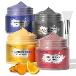 Produktbild: Clay Face Mask Set, Gesichtsmasken Vitamin-C-Maske mit Kurkuma, Schlammmaske aus dem Toten Meer, Blaubeeren, Roten Bohnen Kit, Tiefenreinigung, Ölkontrolle, Hellt Hautton auf, Geschenkset, 320g