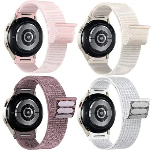 Produktbild: 4 Pcs Ein Klick Nylon Armbänder für Samsung Galaxy Watch 7 6 5 4 FE Armband 40mm 44mm/6&4 Classic 43mm 47mm 42mm 46mm/5 Pro 45mm Herren Damen,Sport Loop Klettverschluss Band für Samsung Watch 6 4 7 5