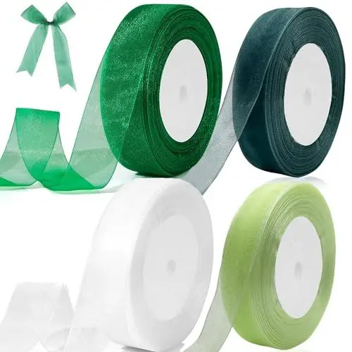 Produktbild: 4 Rollen 45m Chiffon Ribbon, 22mm Breit Geschenkband hochzeit satinband geschenkband grün organzaband Schleifenband Chiffonband Dekoband für Geschenkverpackung Hochzeitsdekoration (Grün)