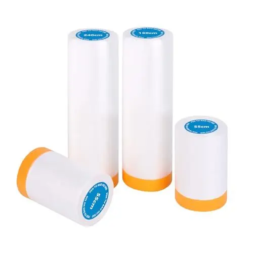 Produktbild: 4 Rollen Abdeckfolie mit Klebeband, Abdeckfolie Maler Transparent (55cm*20Mx 2 ·· 150cm * 20m x 1 ·· 240cm *15m x 1), Abklebeband mit Folie zum Staubschutz, Selbstklebende Malerfolie, Goldband Malerband