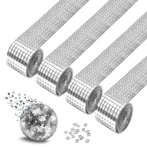 Produktbild: 4 Rollen Mosaik Spiegelstreifen 6400 Stück Mini Spiegel Mosaikfliesen Selbstklebend Quadratische Mosaikglas Spiegelaufkleber für DIY Handwerk Dekoration Silber 5 x 5 mm