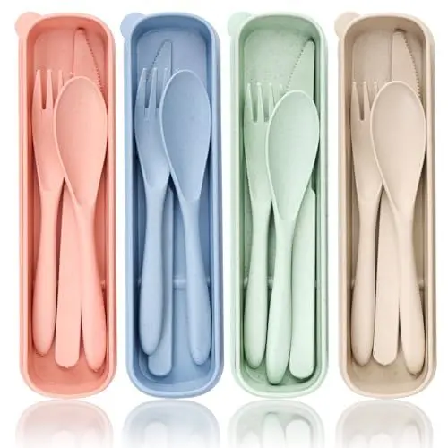 Produktbild: 4 Sätze Besteck Set, Tragbares Kunststoff Camping Utensilien Set, Wiederverwendbare Gabeln Löffel Geschirr Set für Lunchbox, Schule, Picknick, Reisen, Camping oder den täglichen Gebrauch