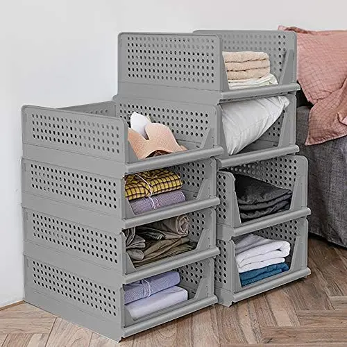 Produktbild: 4 Set Faltbar Plastik Lagerkisten Regal Körbe Kleiderschrank-Aufbewahrungsboxen Falten Küche Schubladeneinsätze Stapelbare Lagerkästen Transport boxen Schrankbehälter Cube Ausziehbare Schublade - Grau