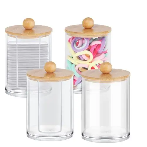 Produktbild: 4 Stk Wattepadspender, Wattestäbchen Behälter, Acryl Wattestäbchen Halter Aufbewahrungsbox mit Deckel, Schminktisch Make-up-Organizer für Kosmetika Haargummi Schlafzimmer Wohnzimmer Badezimmer