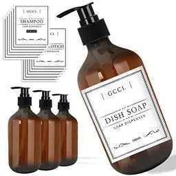 Produktbild: 4 Stück 500 ml Seifenspender Flaschen, Leere Plastik Pumpspender für Lotion, Duschgel, Shampoo und Conditioner, Flüssigseifenspender mit Wasserdichten Etiketten für Bad, Küche, Hotel (Braun)