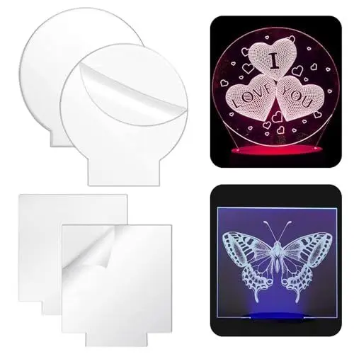 Produktbild: 4 Stück Acrylplatte transparente, Klare Acrylplatte Runde Quadrate, 2mm Helle Leere Nachricht Board, DIY Anzeige LED Kleine Nachtlampe Board DIY, Acrylglasplatte für DIY Display Projekte