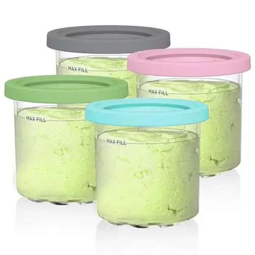 Produktbild: 4er-Set Behälter für Ninja CREAMi Ice Cream Maker Eismaschine NC300EU NC300EUCP NC300 NC301 Serie, Tubs Becher mit Deckel Zubehör, BPA-frei, Spülmaschinenfest, Auslaufsicher (Blau/Rosa/Limette/Grau)