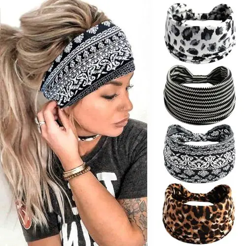 Produktbild: PANYI 4 Stück Boho Headband Bedruckte Breite Twist Haarband Breit SchweißAbsorbierende Yoga HaarbäNder Damen Haarband Sport Damen Geeignet fur Frauen und MäDchen