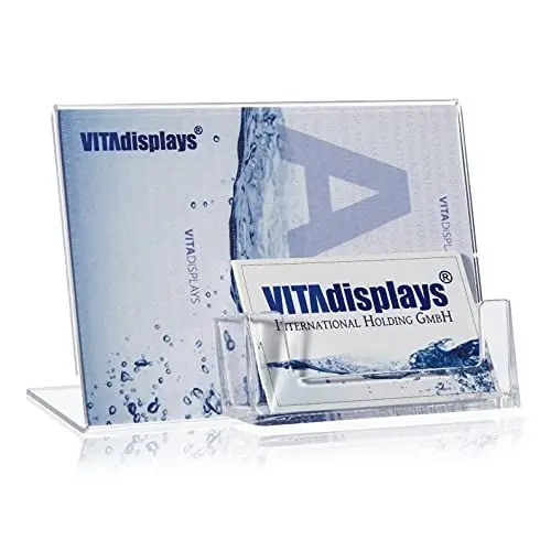 Produktbild: 4 Stück DIN A6 Werbeaufsteller im Querformat, L-Ständer, L-Aufsteller mit extra Visitenkartenhalter als Tischaufsteller aus original PLEXIGLAS