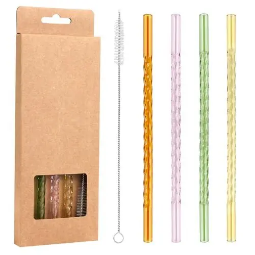 Produktbild: 4 Stück Glas Strohhalme Wiederverwendbare Strohhalme Bunte, Transparent Trinkhalm Gerade mit Reinigungsbürsten, Umweltschonend frei von BPA Glasstrohhalme Lang für Cocktails, Smoothie und Säfte