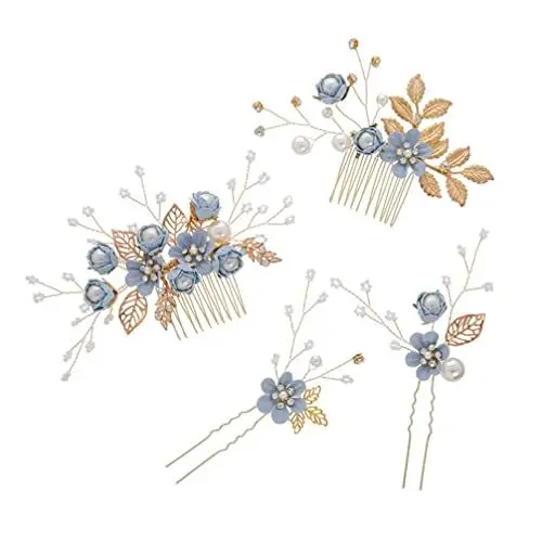 Produktbild: 4 Stück Gold Hochzeit Haarkamm Perle Braut Haarschmuck Strass Brautschmuck Kamm Haarspange für die Braut Brautjungfer - Blaue
