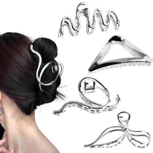 Produktbild: 4 Stück Große Haarklammern Silber, Haarklammer Metall Haarspangen Damen groß Für Frauen Und Mädchen Dickes Haar-Accessoires