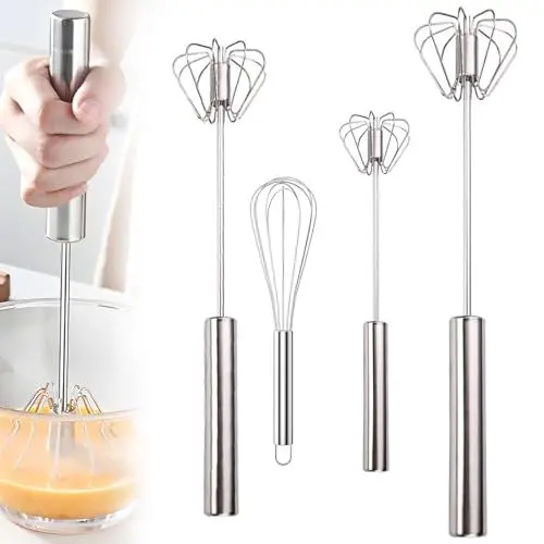 Produktbild: 4 Stück Halbautomatischer Schneebesen aus Edelstahl, Drehbarer Push Mixer Einfacher Halb Automatischer Schneebesen Kitchen Zubehör Rührer zum Schneebesen Schlagen
