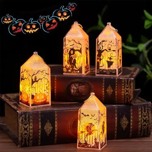 Produktbild: 4 Stück Halloween Deko Kürbis Laterne, Halloween Laterne Outdoor, Halloween Deko Kerzenlaterne mit LED Licht, Herbstdeko Outdoor Laterne zum Aufhängen für Drinnen Oder Draußen Halloween Deko