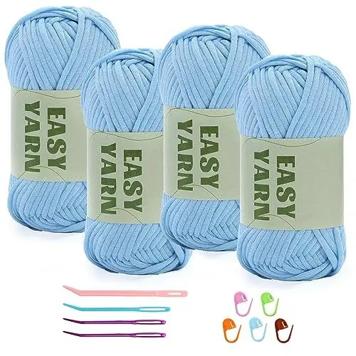 Produktbild: 4 Stück Hellblaues Garn, Häkel- und Strickgarn für Anfänger, gut Sichtbare Maschen, Grobes, Dickes Baumwoll-Nylon-Mischgarn, Garn Zum Häkeln mit Häkelzubehör (4 X 50 g)