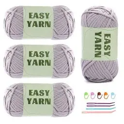 Produktbild: 4 Stück Hellgrau Garn, Häkel- und Strickgarn für Anfänger, gut Sichtbare Maschen, Grobes, Dickes Baumwoll-Nylon-Mischgarn, Garn Zum Häkeln mit Häkelzubehör (4 X 50 g)
