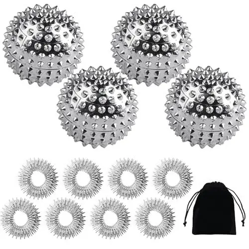 Produktbild: 4 Stück Igelball Massage + 8 Stk Akupressur Ring Finger, Skills Borderline Set, Magnetic Acupressure Balls, Magnetische Spiked Massage Ball, Igelbälle Massageringe für Stress Relief