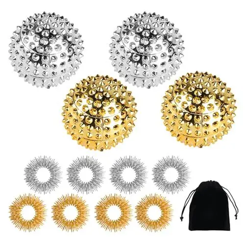 Produktbild: 4 Stück Igelball Massage + 8 Stk Akupressur Ring Finger, Skills Borderline Set, Magnetic Acupressure Balls, Magnetische Spiked Massage Ball, Igelbälle Massageringe für Stress Relief(Silber/Gold)