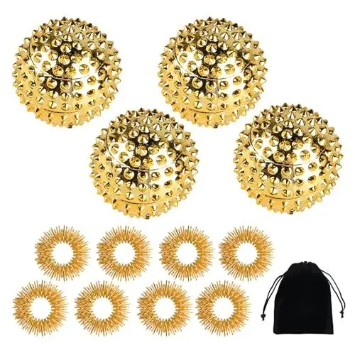 Produktbild: 4 Stück Igelball Massage + 8 Stk Akupressur Ring Finger, Skills Borderline Set, Magnetic Acupressure Balls, Magnetische Spiked Massage Ball, Igelbälle Massageringe für Stress Relief-Gold