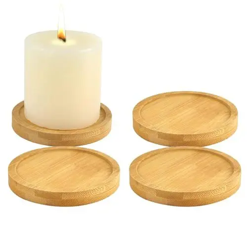 Produktbild: 4 Stück Kerzenteller, 8CM Kerzenuntersetzer, Kerzenteller Holz Haus Dekotablett, Stumpenkerzenhalter für Hochzeiten, Spa-Gebete, Familienfeiern, Adventsgirlanden