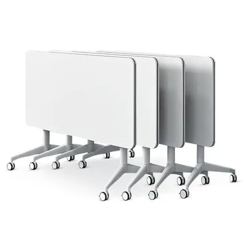 Produktbild: 4 Stück Klappbarer Schreibtisch Mit Rollen, Mobiler Klapptisch Konferenztisch, Weiß Besprechungstisch, Computertisch Mit 4 Rollen,Foldable Table Für Büro,Besprechungsraum, Klassenzimmer(140x60x74cm/55