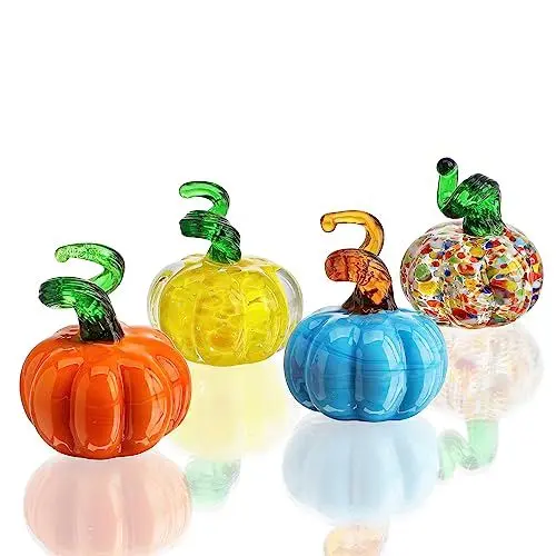 Produktbild: 4 Stück Kürbisfiguren aus mundgeblasenem Glas, Mini Halloween Kristall Kürbis Kunstornamente für Familien Thanksgiving