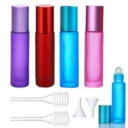 Produktbild: 4 Stück Leer Glas Roll-on Flaschen mit Edelstahl-Roller，Für ätherische Öle, Lotionen, Parfums, 4-farbig Roller Leere Flaschen für Zuhause Reisen