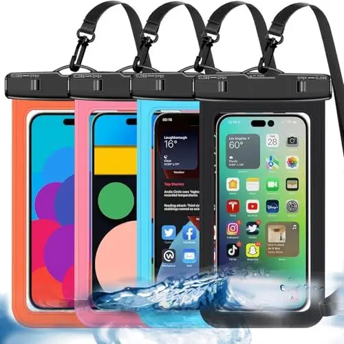 Produktbild: 4 Stück Mehrfarbige Allgemein Wasserdichte Handy tasche,Wasserdichte Handy hülle Trocken sack (Schutz stufe: IP68) Outdoor-Sport für Apple iPhone,Samsung und bis zu 7,5 Zoll (Schwarz,Blau,Rosa,Orange)