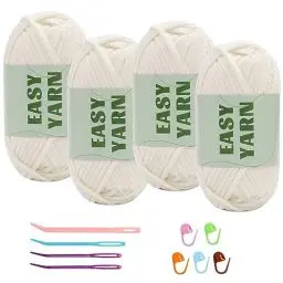 Produktbild: 4 Stück Milchig weißes Garn, Häkel- und Strickgarn für Anfänger, gut Sichtbare Maschen, Grobes, Dickes Baumwoll-Nylon-Mischgarn, Garn Zum Häkeln mit Häkelzubehör (4 X 50 g)