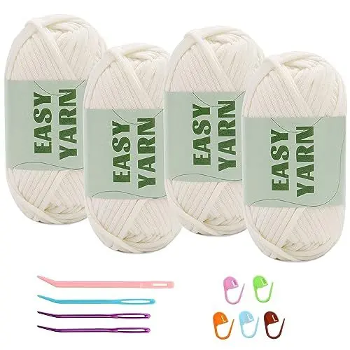 Produktbild: 4 Stück Milchig weißes Garn, Häkel- und Strickgarn für Anfänger, gut Sichtbare Maschen, Grobes, Dickes Baumwoll-Nylon-Mischgarn, Garn Zum Häkeln mit Häkelzubehör (4 X 50 g)