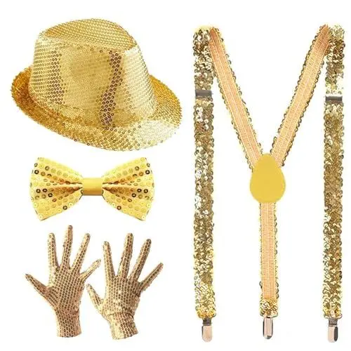 Produktbild: 4 Stück Pailletten Kostüm Gold,Glitzer Accessoires Herren,Pailletten-Bowler-Hut,Pailletten-Träger,Paillettenschleife und Handschuhe,Geeignet für Disco-Partys, Rave-Karneval, Rollenspiel-Partys