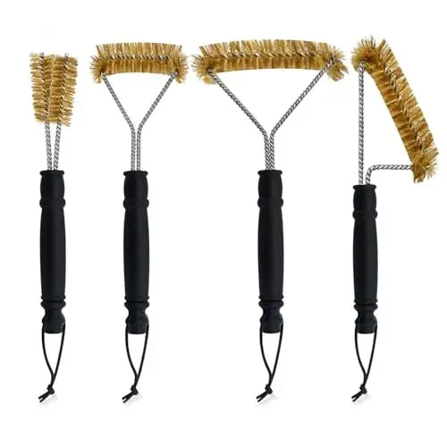 Produktbild: 4 Stück Robust Grillbürste Messing Set, Messingbürste Grill Griff mit Hitzeschutz Messingbürste Klein Pizzaofen Bürste Grill Bürste Ofenbürste für Grillrost Gasgrill Holzkohlegrill Gusseisengrill