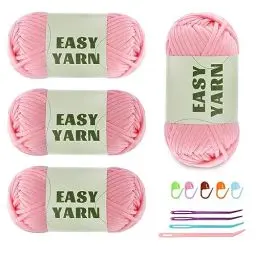 Produktbild: 4 Stück Rosa Garn, Häkel- und Strickgarn für Anfänger, gut Sichtbare Maschen, Grobes, Dickes Baumwoll-Nylon-Mischgarn, Garn Zum Häkeln mit Häkelzubehör (4 X 50 g)