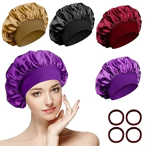 Produktbild: 4er set Seidenhaube zum Schlafen Schlafhaube Atmungsaktive Satin Haarhaube mit Haargummis, Verstellbare Schlafhaube Seide Kopfbedeckung für Lockiges Haar, Sleep Cap Satin Bonnet für Damen