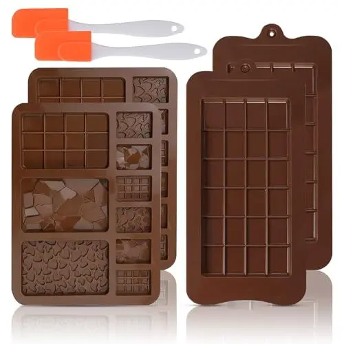 Produktbild: 4 Stück Schokoladenform Tief Silikon, Antihaftbeschichtung schokoladen form, Hitzebeständige Silikonform Schokoladentafel Form mit 2 Spachtel, Schokoladen Form für Schokolade Praline Süßigkeiten