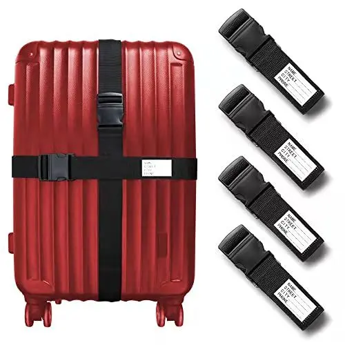 Produktbild: 4 Stück Schwarz Verstellbare Koffer Gepäckgurte(200cm x 5cm),Strapazierfähig Gepäckgurte für Koffer Namensschild,Personalisiert Koffergurte Set Kofferband Gepäckband Gepäckriemen(Schwarz)