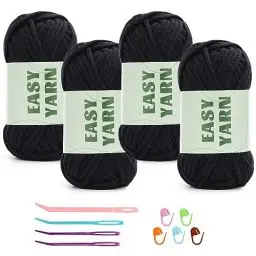 Produktbild: 4 Stück Schwarzes Garn, Häkel- und Strickgarn für Anfänger, gut Sichtbare Maschen, Grobes, Dickes Baumwoll-Nylon-Mischgarn, Garn Zum Häkeln mit Häkelzubehör (4 X 50 g)