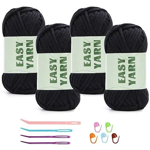 Produktbild: 4 Stück Schwarzes Garn, Häkel- und Strickgarn für Anfänger, gut Sichtbare Maschen, Grobes, Dickes Baumwoll-Nylon-Mischgarn, Garn Zum Häkeln mit Häkelzubehör (4 X 50 g)