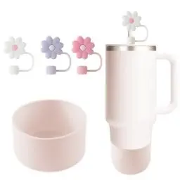 Produktbild: 4 Stück Set für Stanley Cup Adventure Quencher 40oz Zubehör 1pcs Bodenschutz und 3pcs Strohhalm Abdeckung für 9-10 mm Strohhalm (Rosenquarz) (Cups nicht enthalten)