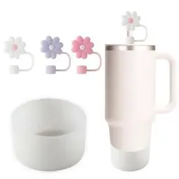 Produktbild: 4 Stück Set für Stanley Cup Adventure Quencher 40oz Zubehör 1pcs Bodenschutz und 3pcs Strohhalm Abdeckung für 9-10 mm Strohhalm (Silber Point) (Cups nicht enthalten)