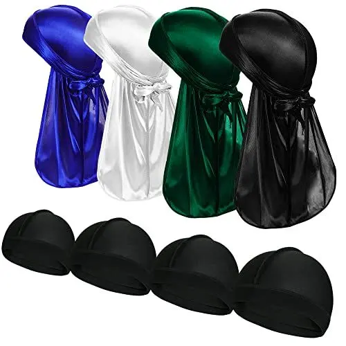 Produktbild: 4 Stück Silky Durag Pack Doo Rag mit langem Schwanz und 4 Stück Satin Wave Cap Perfekt für Männer 360 Waves