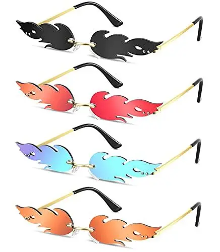 Produktbild: 4 Stück Sonnenbrille Flammen, Flammen Brille Sonnenbrille, Frauen Flamme Sonnenbrille, Fashion Hawaii Brille, Metall Rahmenlose Sonnenbrille Flammenform, für Maskerade, Summer, Party, Musikfestival
