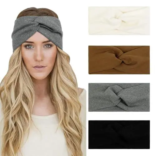 Produktbild: 4 Stück Stirnbänder Damen Frauen Winter Gestrickt Breit Haarreifen Haarbänder Haarband Mädchen Ohrenwärmer Häkelarbeit Elastische Haarschmuck