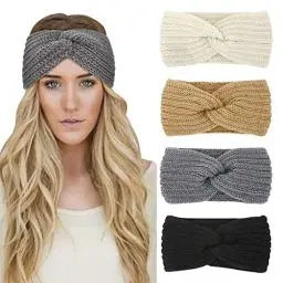 Produktbild: 4 Stück Stirnband Damen Winter Gestrickt Frauen Haarreifen Haarbänder Breit Ohrenwärmer Häkelarbeit Elastische Haarschmuck